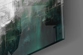 Urban-portrait artwork anchoring a wall with emerald-and-silver palette