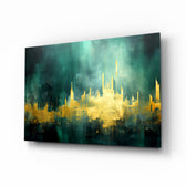 City Silhouette glass wall art displayed above a leather chair in a study