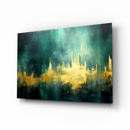City Silhouette glass wall art displayed above a leather chair in a study