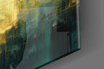 Urban-portrait artwork anchoring a wall with emerald-and-gold palette