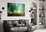 City Silhouette glass wall art styled above a sideboard in a media room