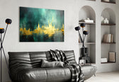City Silhouette glass wall art styled above a sideboard in a media room