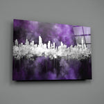 Mirror-skyline panel bringing painterly depth to a hotel-style lobby