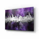 City Silhouette glass wall art displayed above a leather chair in a study