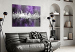 City Silhouette glass wall art styled above a sideboard in a media room