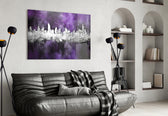 City Silhouette glass wall art styled above a sideboard in a media room