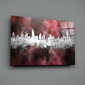 Mirror-skyline panel bringing painterly depth to a hotel-style lobby