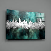 Mirror-skyline panel bringing painterly depth to a hotel-style lobby