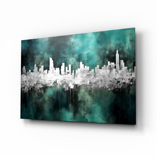 City Silhouette glass wall art displayed above a leather chair in a study