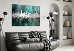 City Silhouette glass wall art styled above a sideboard in a media room