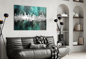 City Silhouette glass wall art styled above a sideboard in a media room