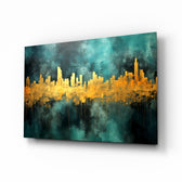 City Silhouette glass wall art displayed above a leather chair in a study