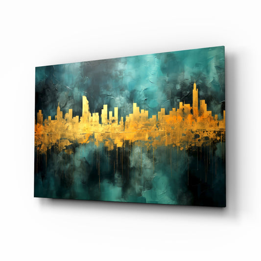 City Silhouette glass wall art displayed above a leather chair in a study