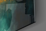Urban-portrait artwork anchoring a wall with teal-and-gold palette