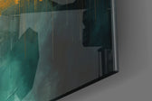 Urban-portrait artwork anchoring a wall with teal-and-gold palette
