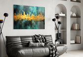 City Silhouette glass wall art styled above a sideboard in a media room