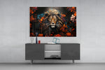Lion panel catching lamp light to reveal its painterly depth