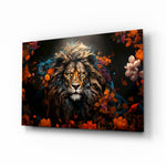 Lion glass wall art displayed above a leather chair in a study