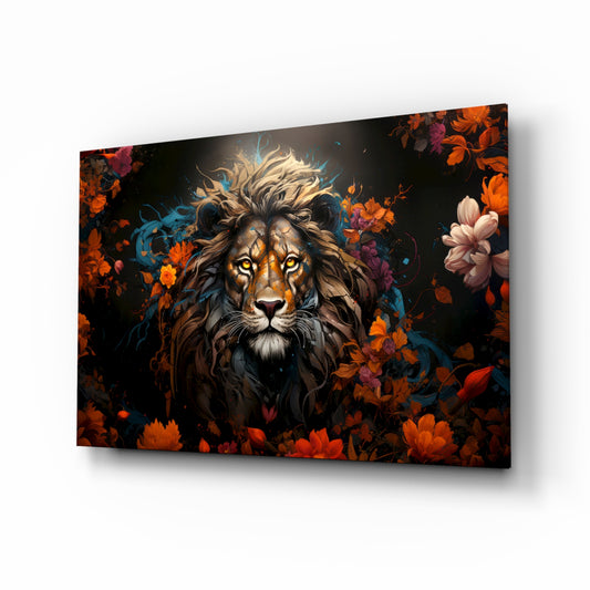 Lion glass wall art displayed above a leather chair in a study
