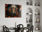 Lion panel adding editorial drama to a hallway