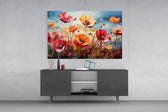 Poppies panel catching lamp light to reveal its painterly depth