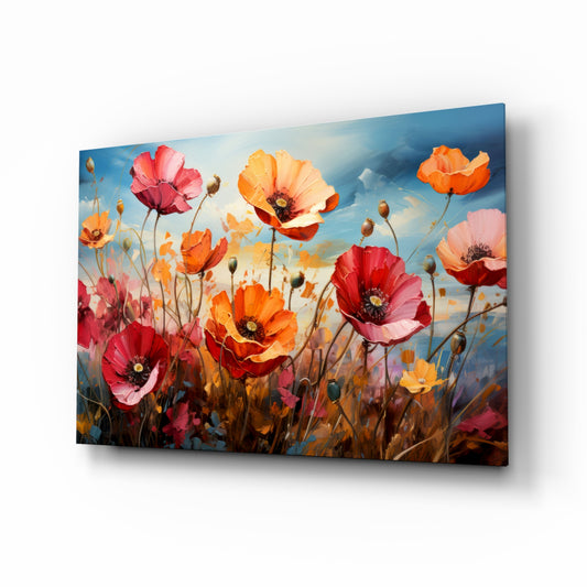 Poppies glass wall art displayed above a console in a sunroom