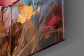 Botanical artwork anchoring a wall with scarlet-and-sapphire palette