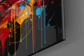Surreal-portrait artwork anchoring a wall with scarlet-and-cyan palette