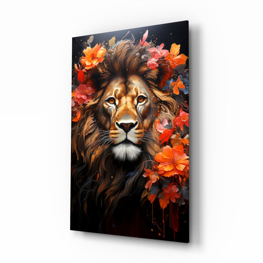 Lion glass wall art displayed above a leather chair in a study