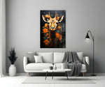 Deer close-up showing antelope head and tangerine blooms