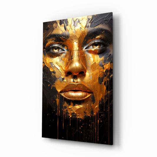Golden Melt glass wall art displayed above a vanity in a dressing room