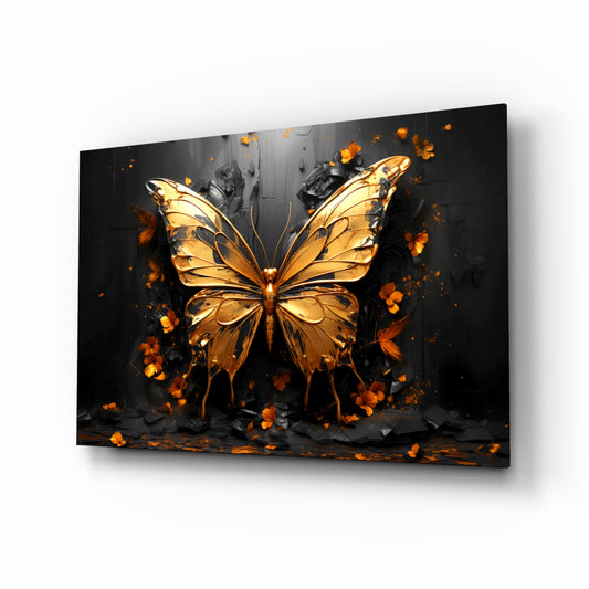 Golden Butterfly glass wall art displayed above a vanity in a dressing room