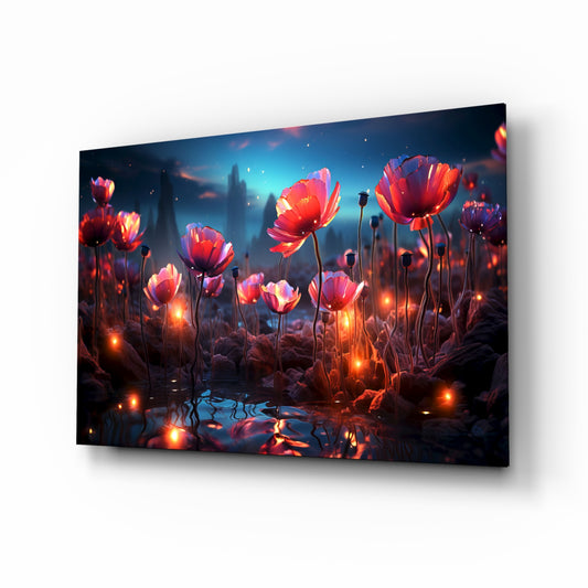 Magical Poppies glass wall art displayed above a console in a meditation corner