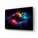 Colorful Hole glass wall art displayed above a desk in a creative office