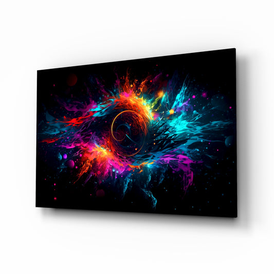 Colorful Hole glass wall art displayed above a desk in a creative office