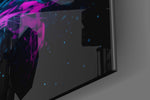 Cosmic-burst artwork anchoring a wall with scarlet-and-cyan palette