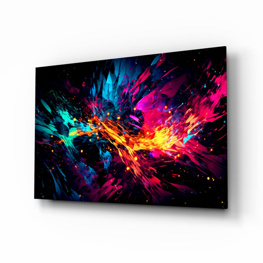 Color Bang glass wall art displayed above a desk in a creative office