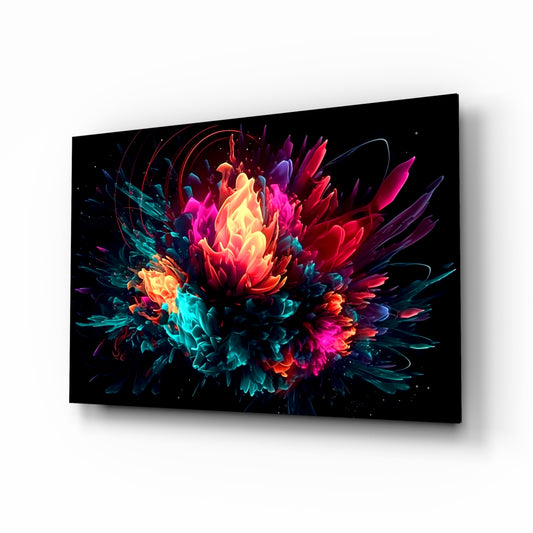 Color Explosion glass wall art displayed above a desk in a creative office
