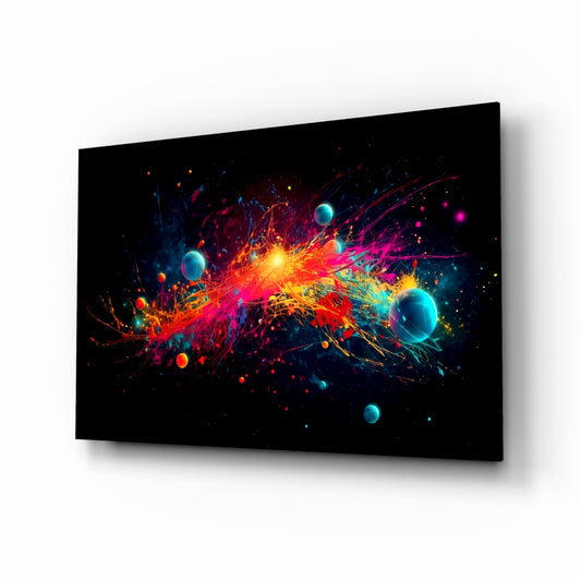Colors of Space glass wall art displayed above a desk in a creative office