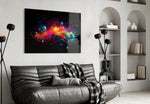 Colors of Space glass wall art styled above a sideboard in a media room