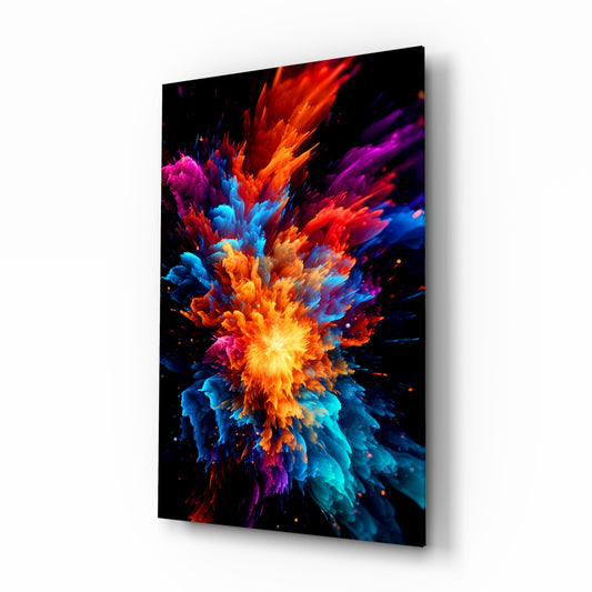 Color Flower glass wall art displayed above a desk in a creative office