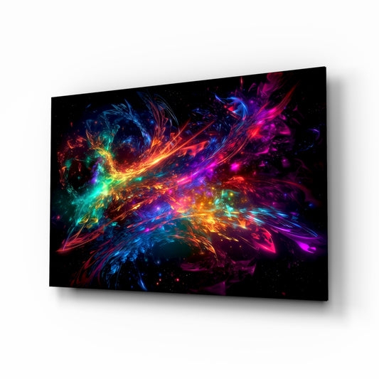 Colors of Space glass wall art displayed above a desk in a creative office