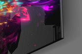 Cosmic-burst artwork anchoring a wall with cyan-and-magenta palette