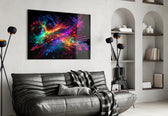 Colors of Space glass wall art styled above a sideboard in a media room