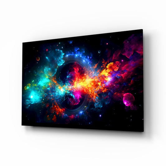 Colors of Space glass wall art displayed above a desk in a creative office
