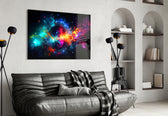 Colors of Space glass wall art styled above a sideboard in a media room