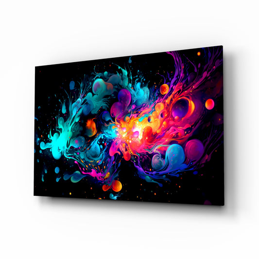 Colors of Space glass wall art displayed above a desk in a creative office