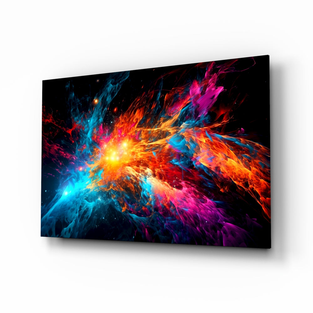 Colors of Space glass wall art displayed above a desk in a creative office