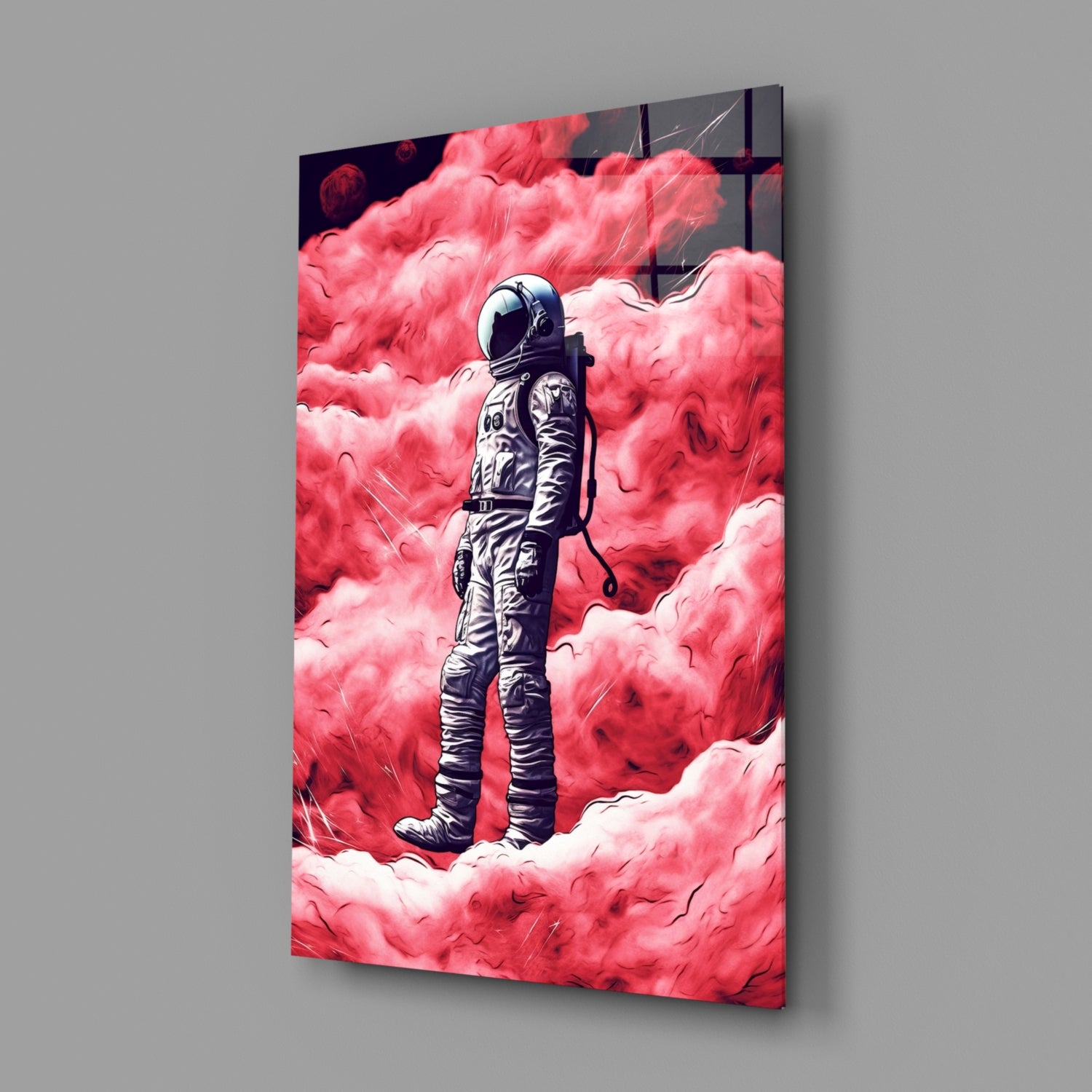 Astronaut on a Pinky Planet Glass Wall Art || Designer Collection.