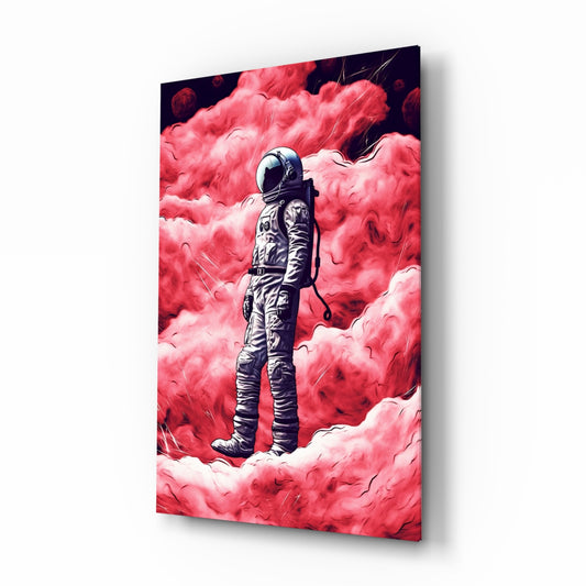 Astronaut on a Pinky Planet glass wall art displayed above a desk in a teen room